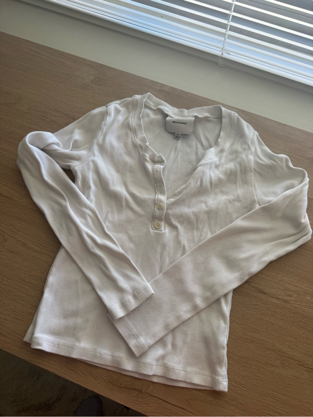 White Ribbed Henley Long-Sleeve Top